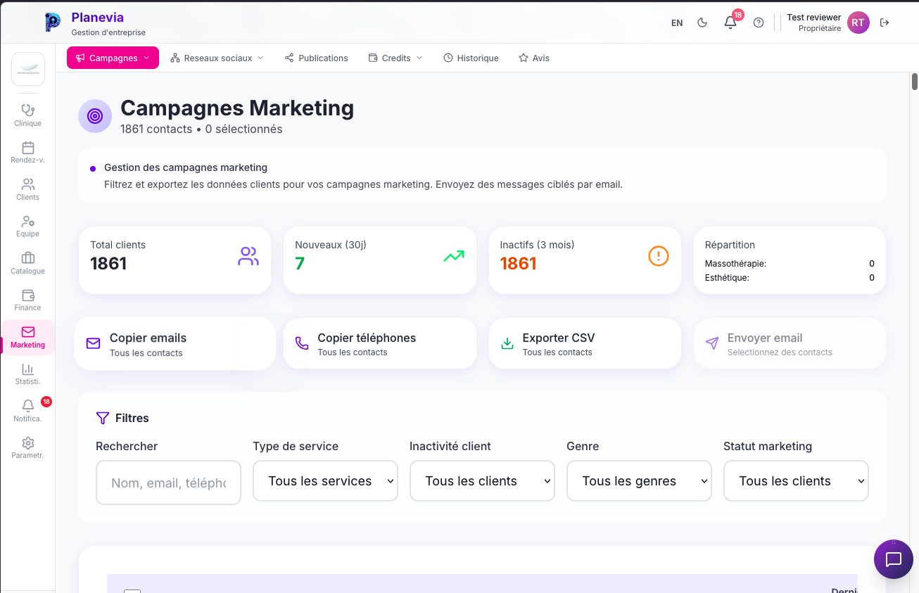 Tableau de bord Marketing Planevia
