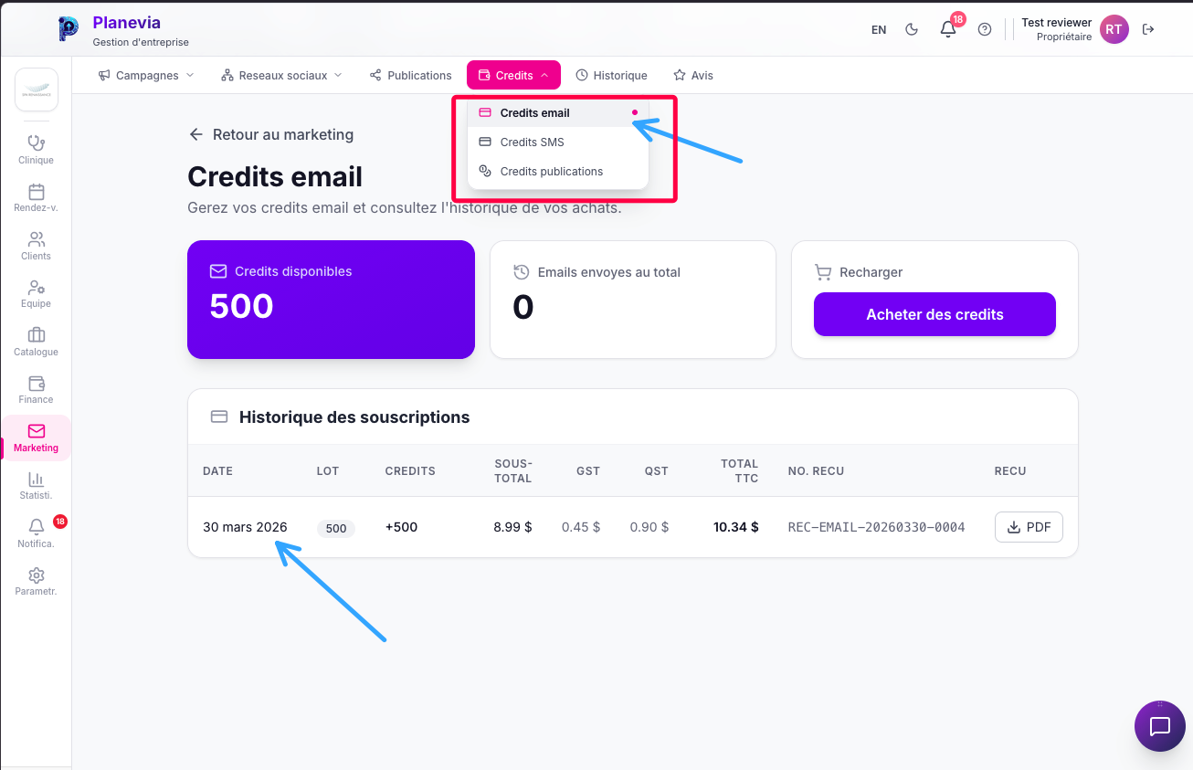 Credits email Planevia