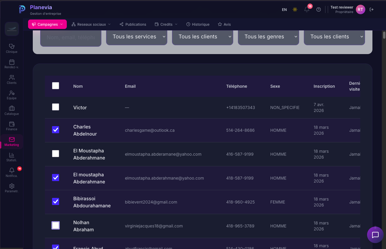Tableau de bord Marketing Planevia